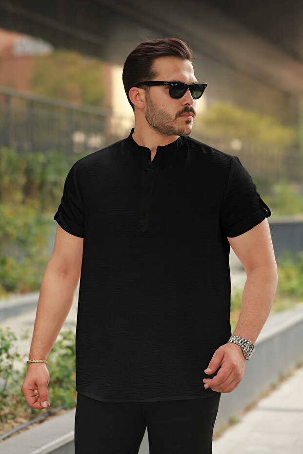 Men's Black Judge Collar Buttoned Linen Shirt - Short Sleeve - 2536