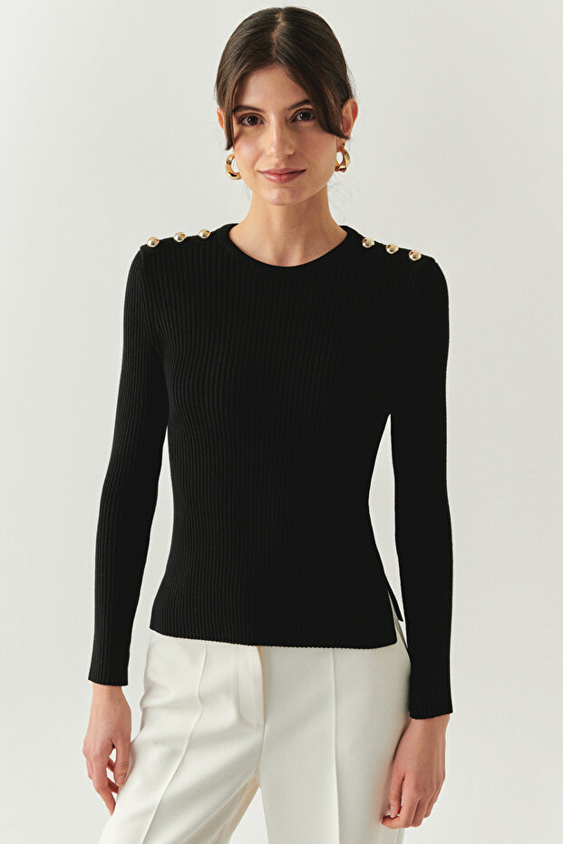 Crew Neck Long Sleeve Button Detailed Slim Fit Knitwear Black Blouse
