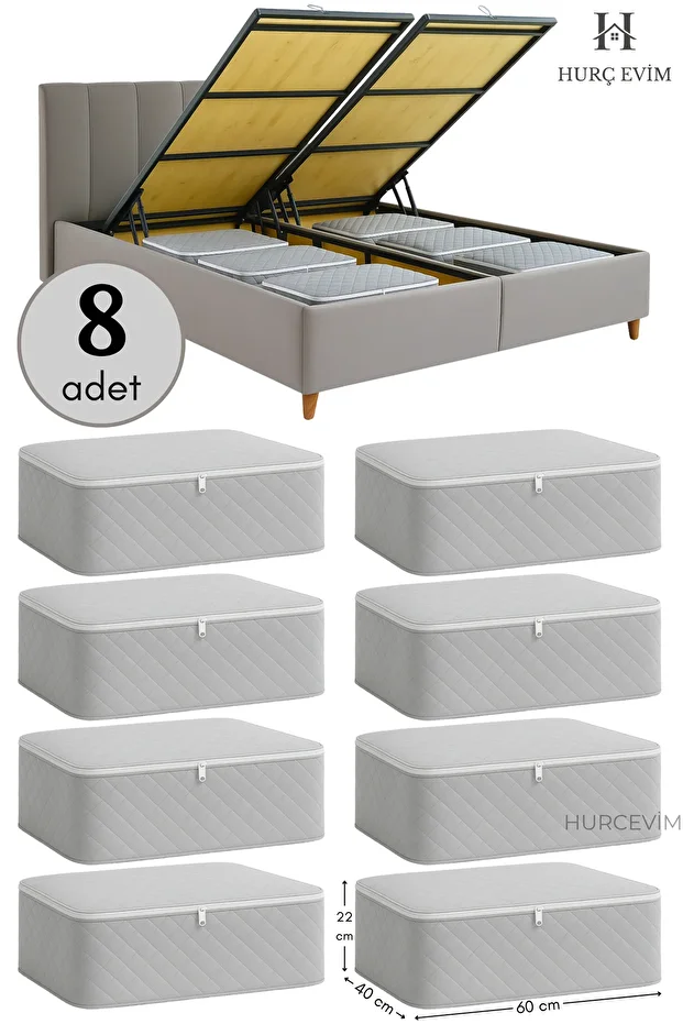 8 Adet - Gri Kapitoneli Büyük Boy Hurç Seti - Baza Altı Ve Çekyat Tipi Hurç - 60 x 40 x 22 Cm - 1