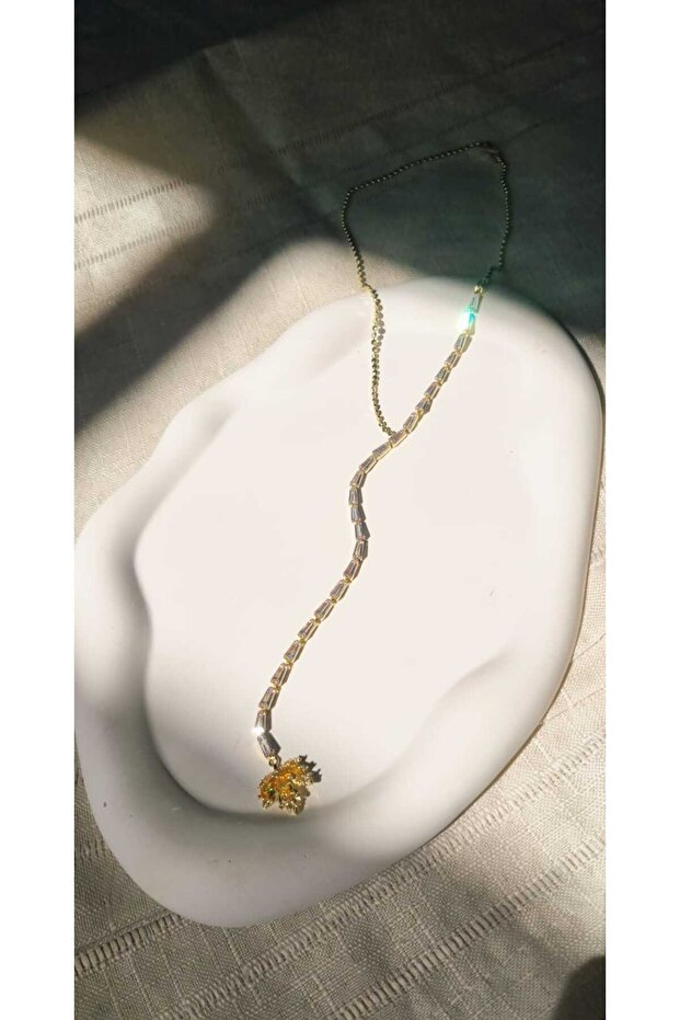 Stainless Steel Y Necklace with Stone and Crushed Chain