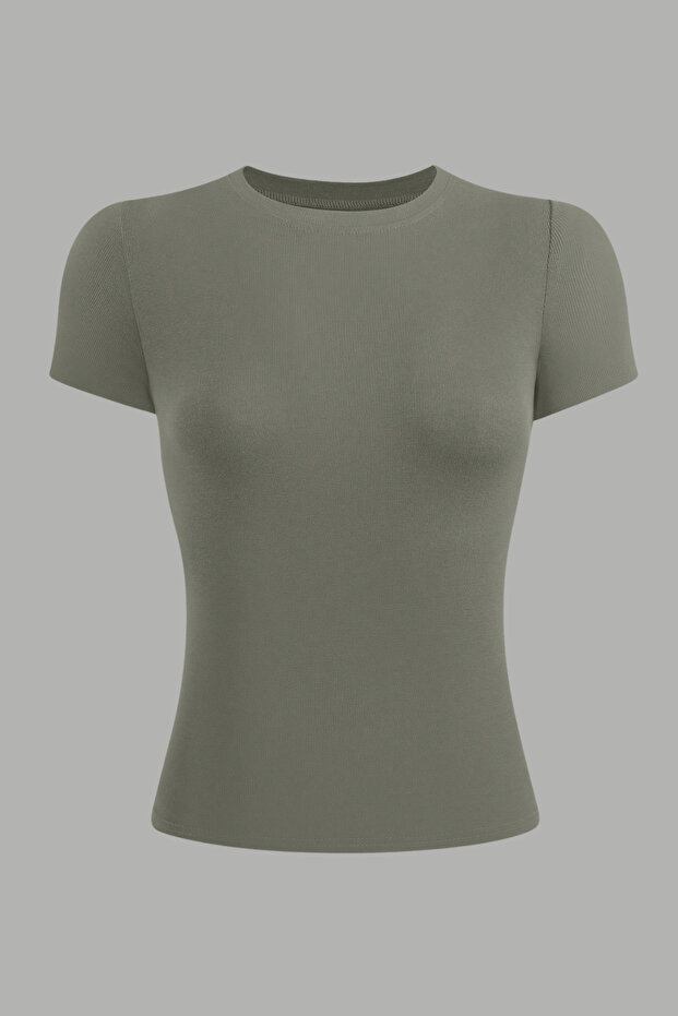 Haki Bisiklet Yaka Basic Kadın Tişört - 2