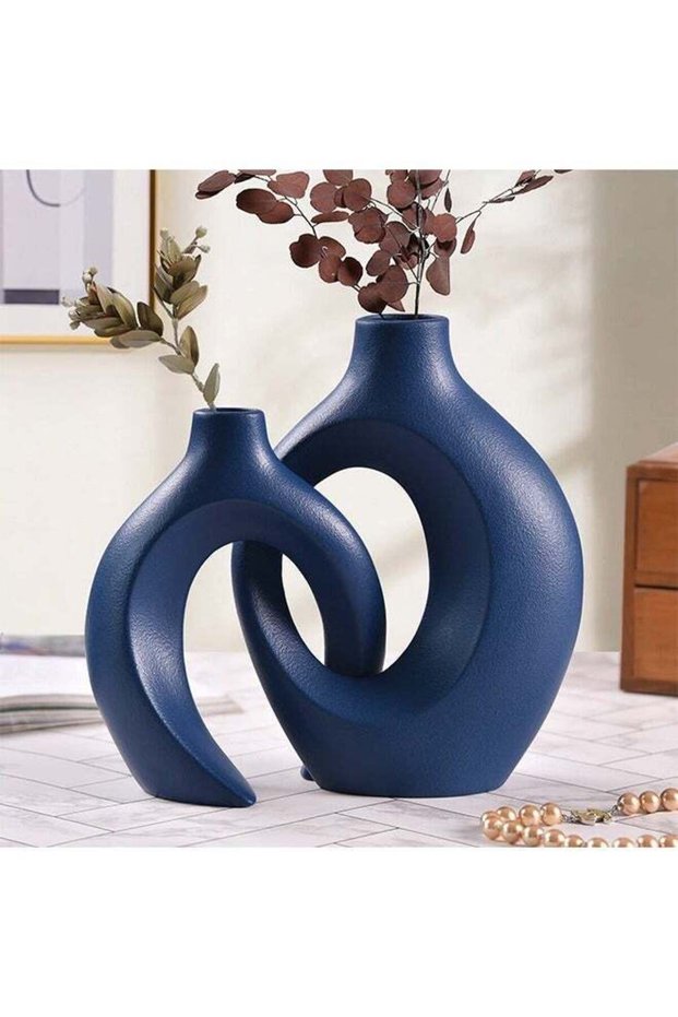 Blue Ceramic Vase for Modern Home Decor,Matte Snuggle Hollow Flower Vase for Pampas Grass,Boho Deco