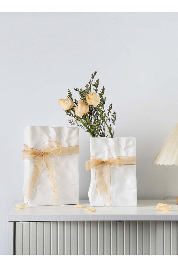White Crinkle Paper Bag Ceramic Vase, Unique Square Wide Mouth Pleated Vases, Minimalist Boho Vase