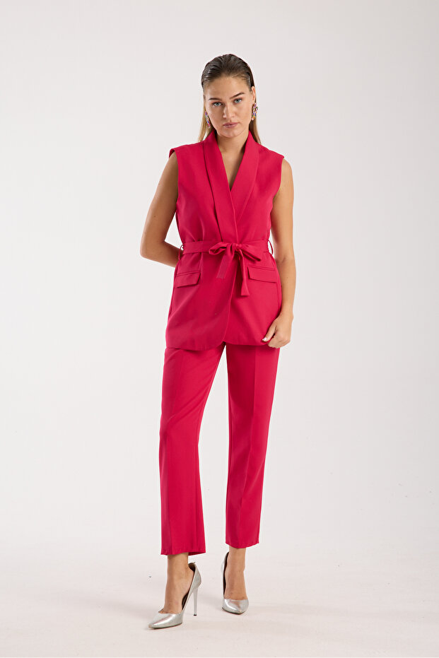 Fuşya Yelek Ve Yüksek Bel Pantolon Takım - 2