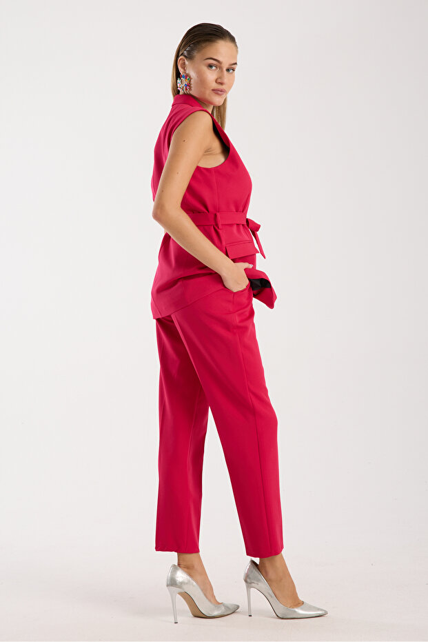 Fuşya Yelek Ve Yüksek Bel Pantolon Takım - 8