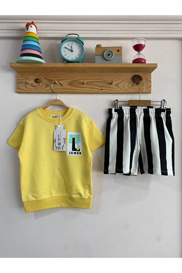 Yellow T-Shirt Striped Shorts Bottom-Top Set