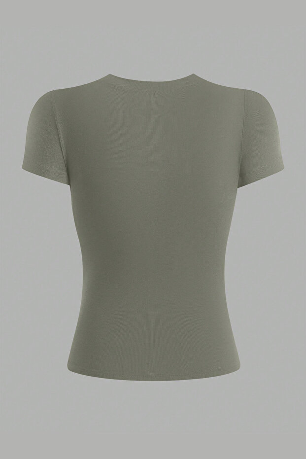 Haki Bisiklet Yaka Basic Kadın Tişört - 3