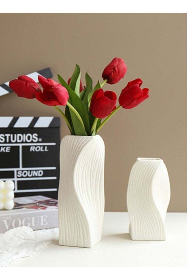 2-Piece Solid Color Flower Vase Ceramic Decorative Flower Vase White