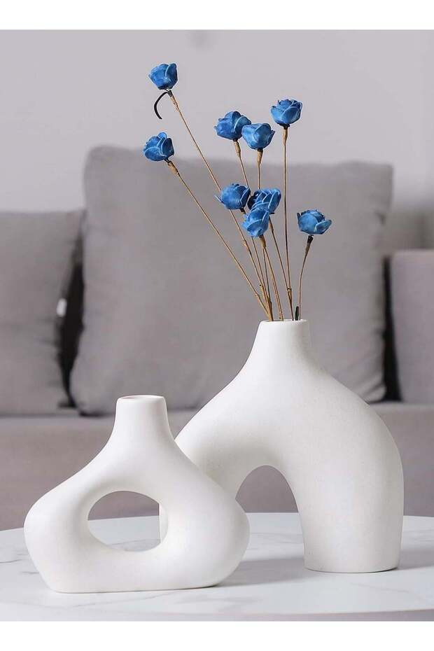 Set of 2 Mix Shape Ceramic Vases - White | Decorative Pieces for Home Decor,Office,Garden,Patio, Li