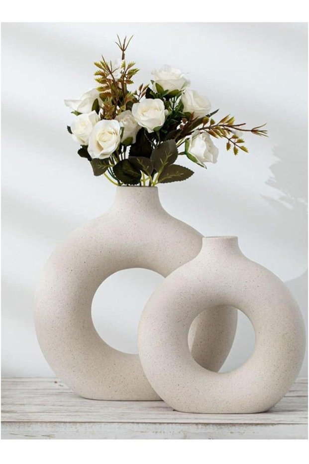 Set of 2 Ceramic Hollow Donut Vase Off White Vases for Decor Nordic Minimalism Style Wedding Dinner