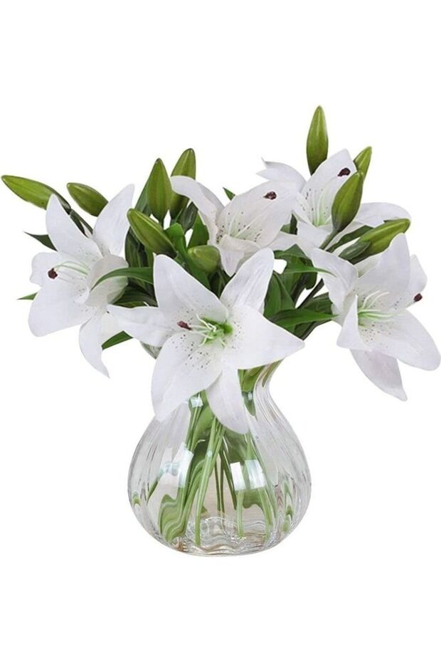 5 Pcs Artificial Lily with 3 Buds Full Bloom Real Touch Latex Flowers White