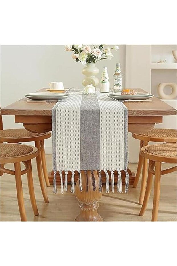 HOOKOR Linen Table Runner,Boho Farmhouse Macrame Table Runners with Tassels 13x72 Inches Long for D - 1