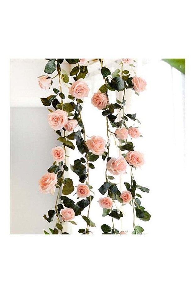 Artificial Fake Silk Rose Flower Ivy Vine Garland Wedding Party Home Décor Pink/Green 1.8meter
