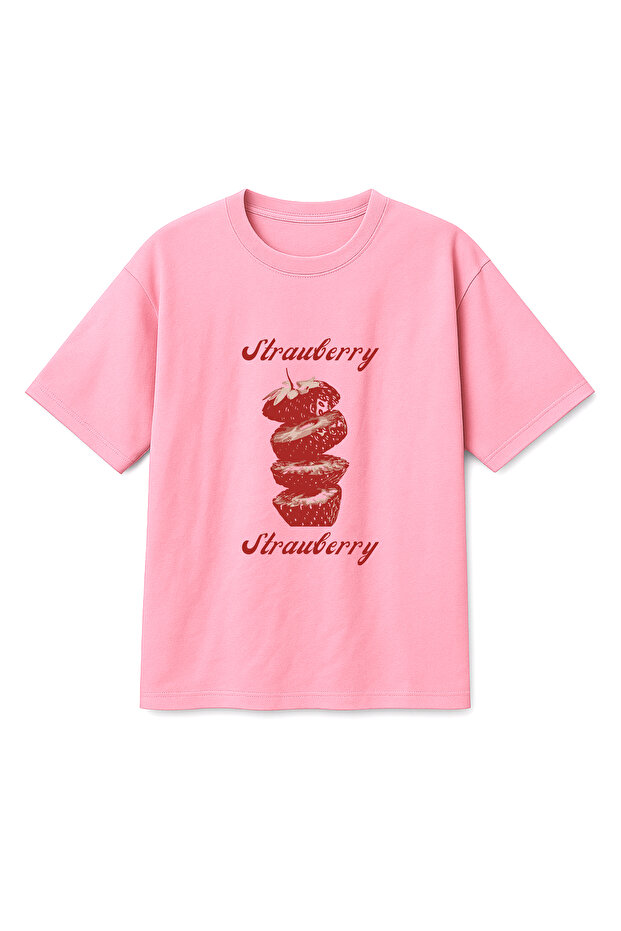Oversize Pink Unisex Strawberry Printed T-Shirt T-Shirt