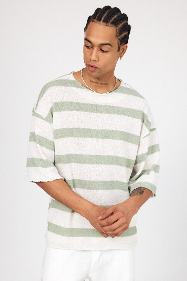 Örme Jakarlı Yarım Kol Oversize Tshirt - 1