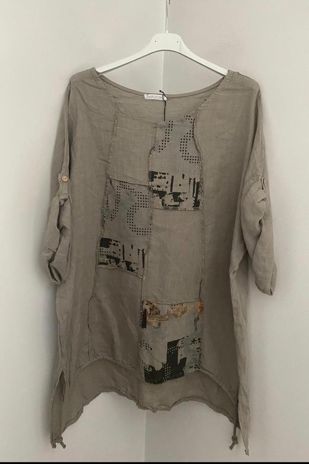 Women's Italian Mink Round Neck Patch Detailed Half Sleeve Oversize Loose 100% Linen Blouse Tunic