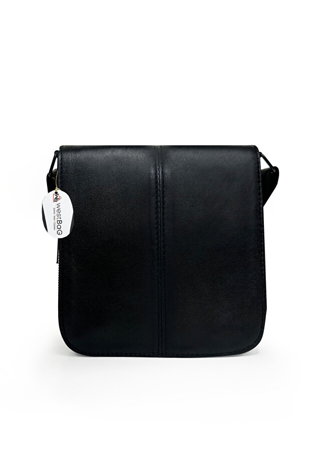 Genuine Leather Unisex Black Double Zipper Long Strap Shoulder and Crossbody Messenger Bag Large Size