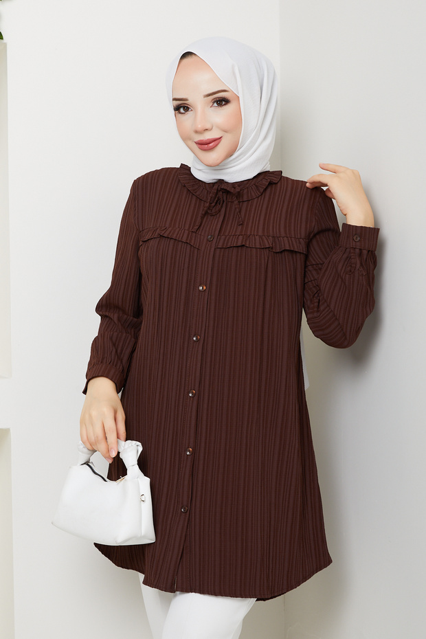 Women's Collar Detailed Ruffled Robe Shirt Bitter Brown