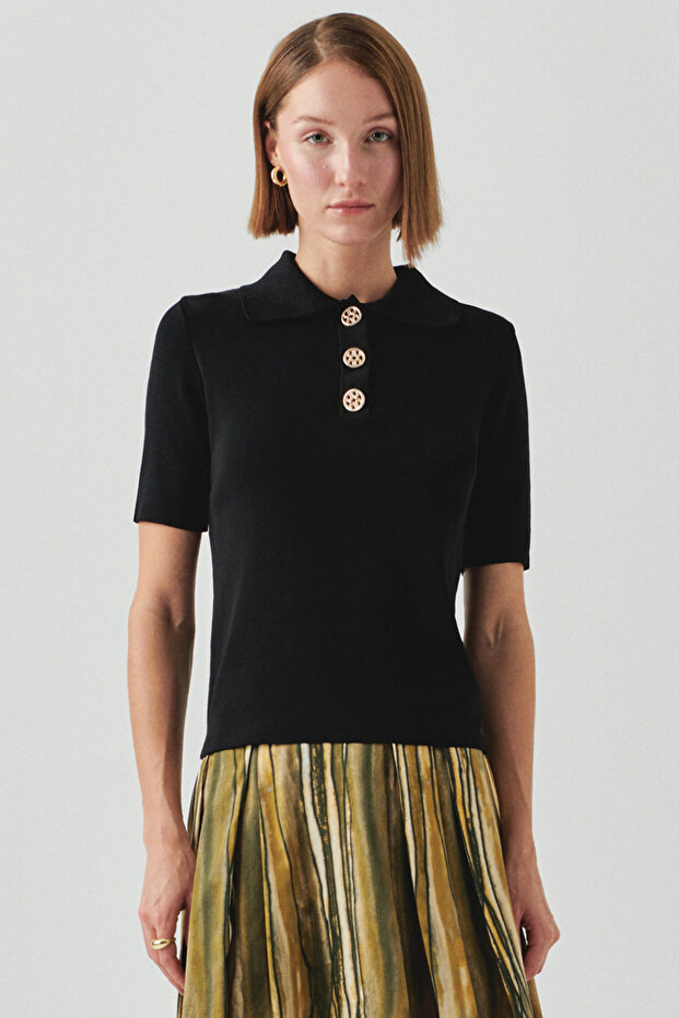 Shirt Collar Button Short Sleeve Slim Fit Knitwear Blouse
