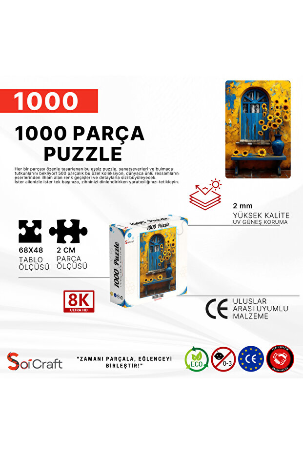 1000 Parça Puzzle Mavi Kapı ve Ayçiçekleri Rustik Sanat - 5