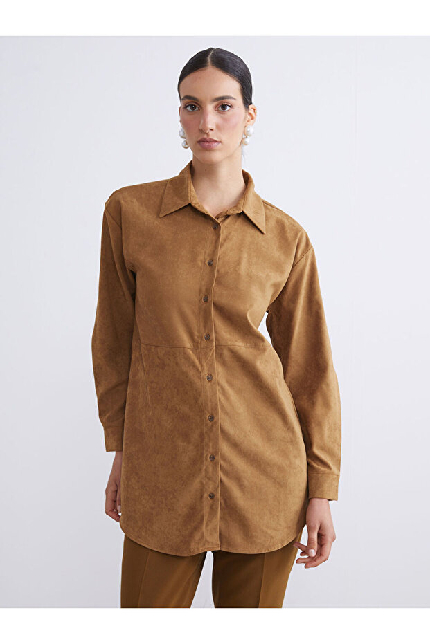 Lcw Modest Brown Suede Look Women's Shirt Tunic