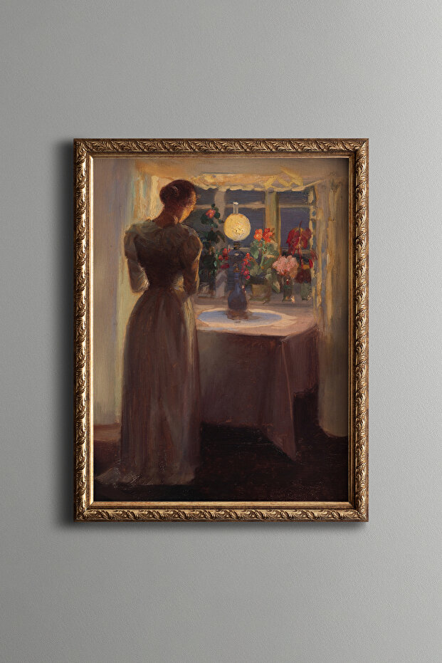 Young Girl in Front of the Lamp - Vintage Patterned Frame