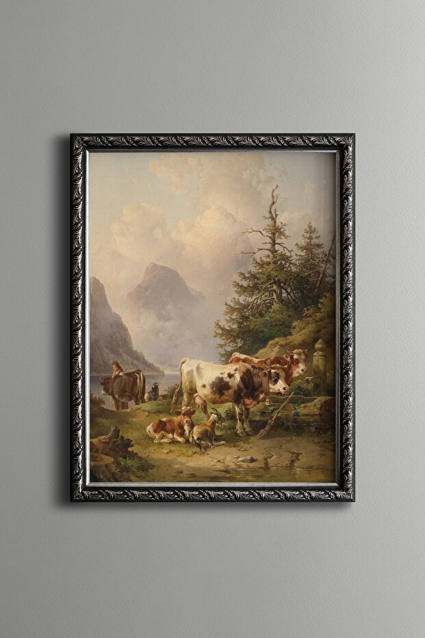 Herds of Animals with Shepherd Girl by the Lake - Vintage Patterned Frame