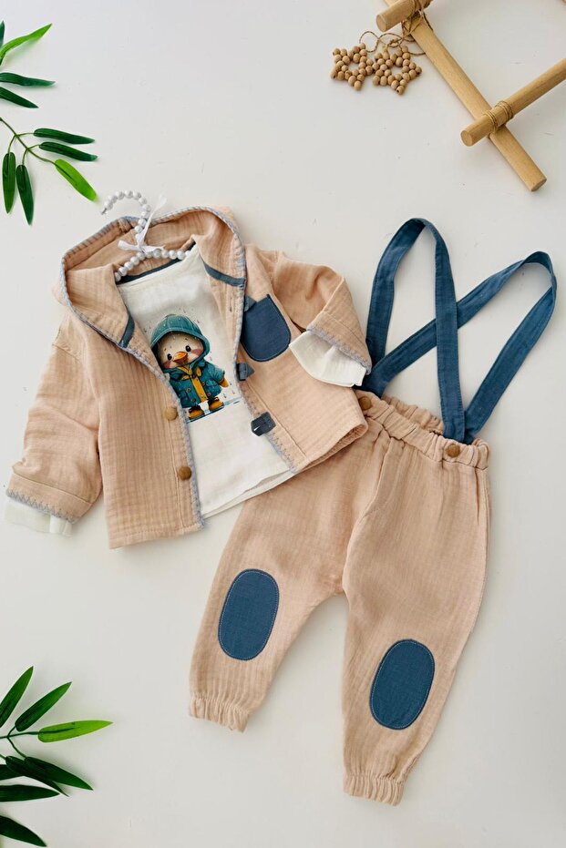 Penguin Pattern 3-Piece Baby Boy Set - Beige