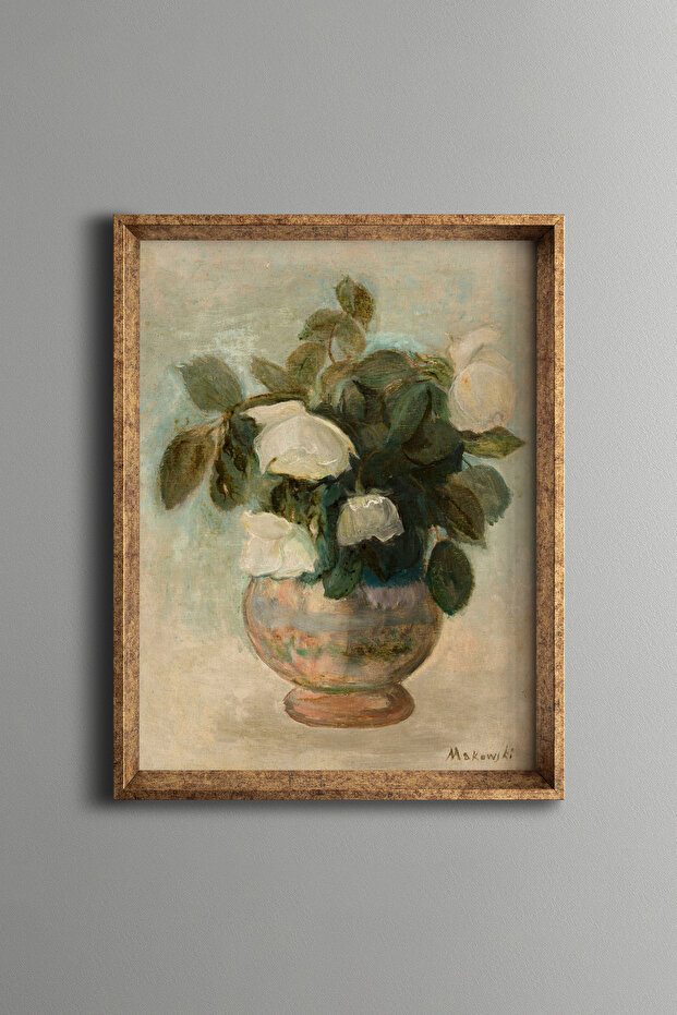 White Flower Still Life - Vintage Patterned Frame