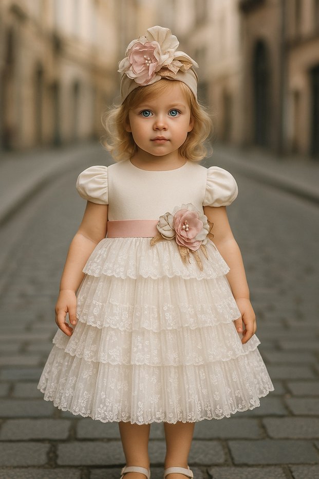Custom Designed Girls' Formal Dress, Layered Skirt, Floral Details, Lace Details, with Accessories_M2459