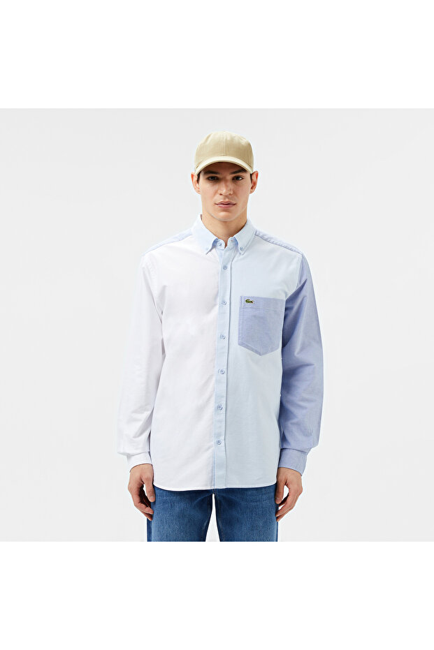 Erkek Slim Fit Renk Bloklu Açık Mavi Gömlek - 1