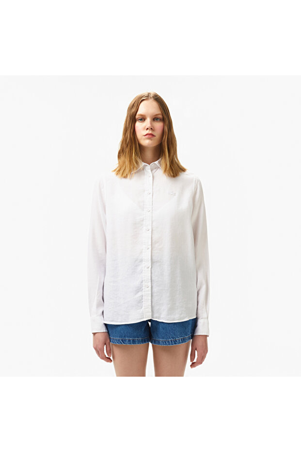 Kadın Relaxed Fit Keten Beyaz Gömlek - 1