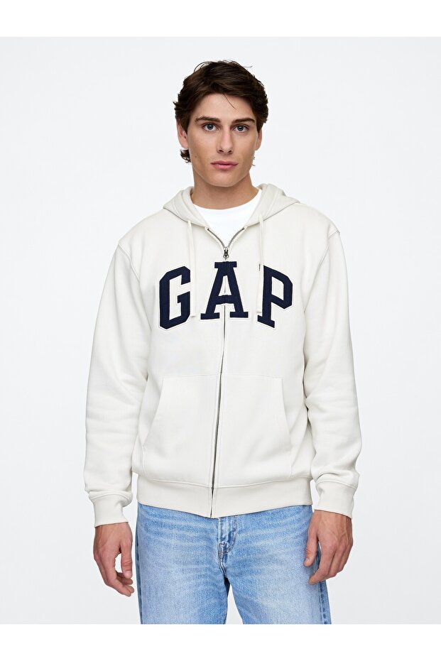 Men's White Logo Relaxed Fleece Zippered Sweatshirt