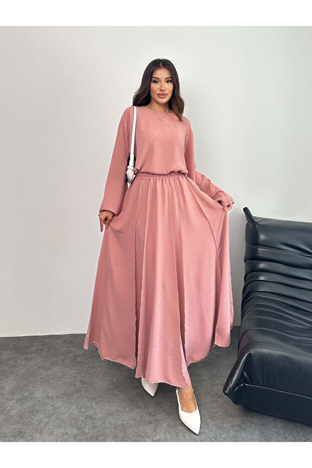 Overlock Detailed Blouse and Skirt Double Set 8045 - Pink