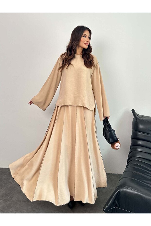 Overlock Detailed Blouse and Skirt Double Set 8045 - Cream Color
