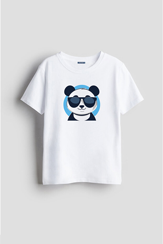 Panda with Glasses Minimal Patterned Drawing Special Design Printed Unisex Children's T-Shirt