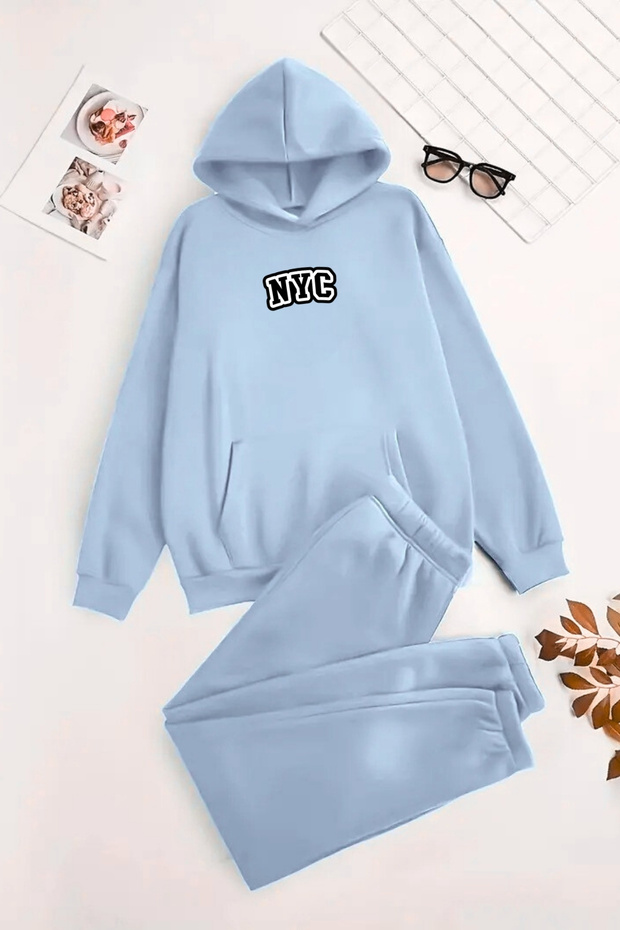 Unisex Hooded Baby Blue Tracksuit Set Nyc Printed - Winter Embossed Fabric
