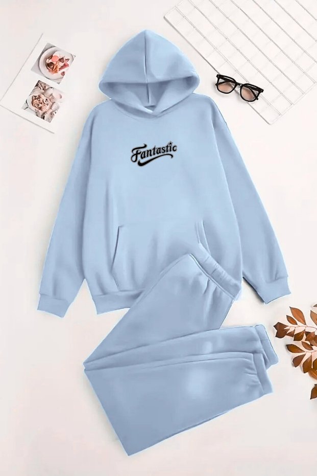 Unisex Hooded Baby Blue Tracksuit Set Fantastic Printed - Winter Raised Fabric