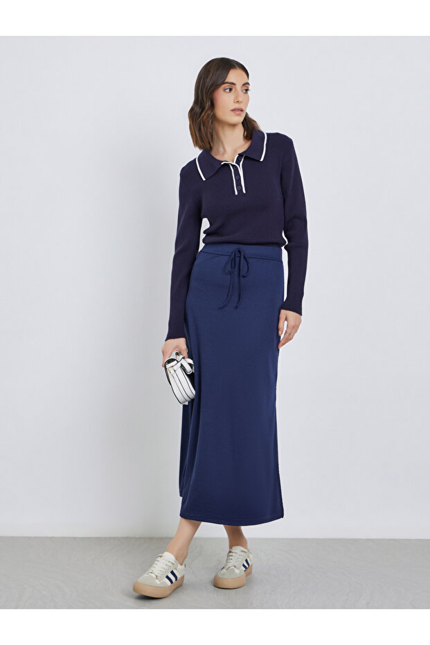 Solid Knitted Maxi Skirt with Drawstring - 1