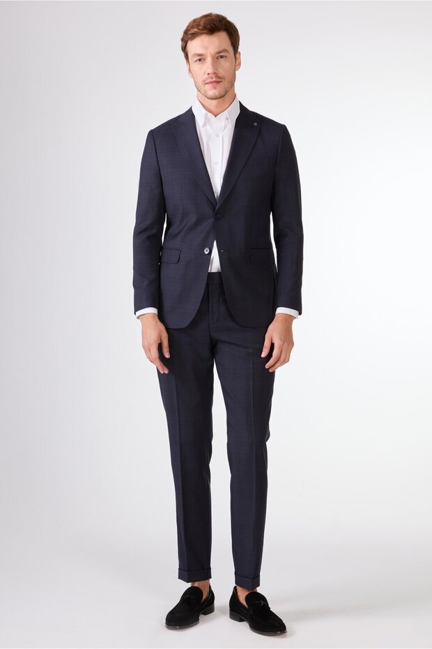 K.Navy Blue Herringbone Men's Suit - Slim Fit
