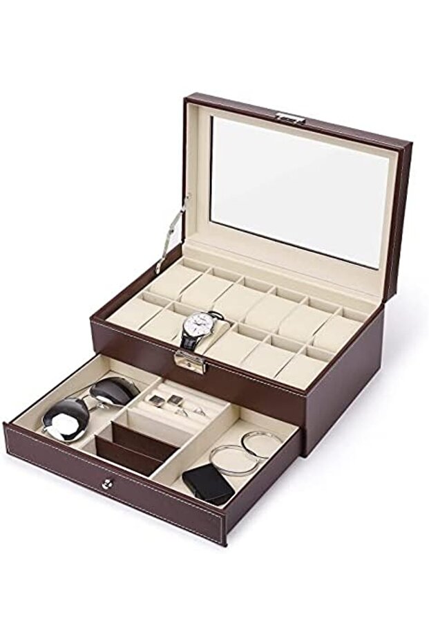 Watch Box with Glass Lid, 12 Slots PU Leather Case 2-Layer Watch Organizer with Jewelry Drawer