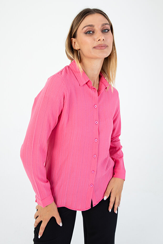 Women's Pink Jacquard Textured Woven Shirt – Chicness up to Plus Size 5XL