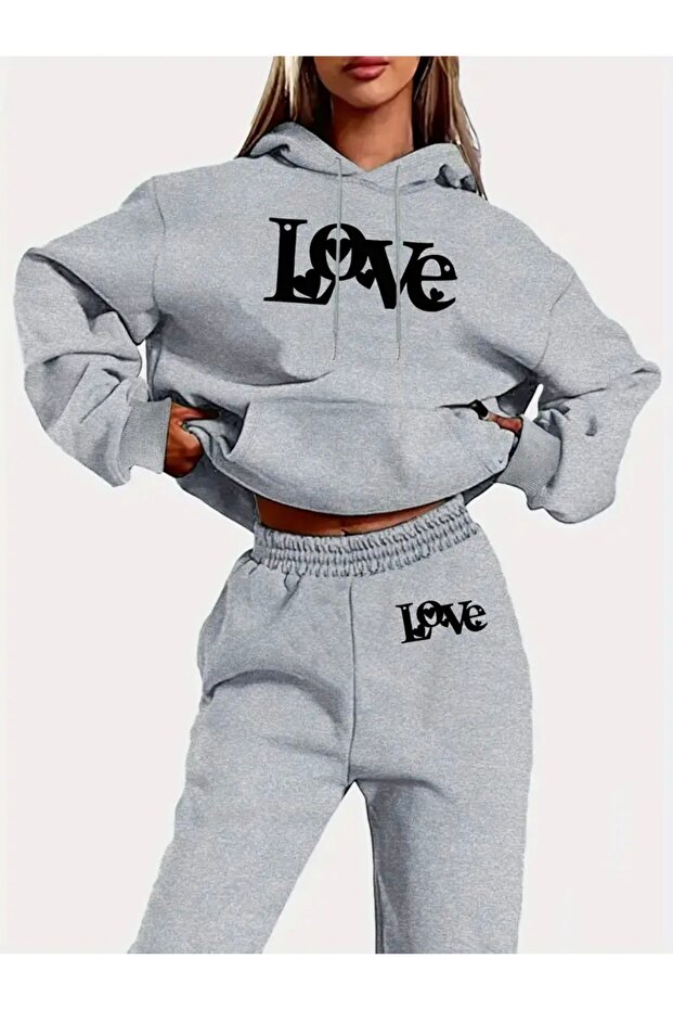 Love Heart Printed Unisex Women/Men Hooded Oversize Bottom/Upper Tracksuit Set