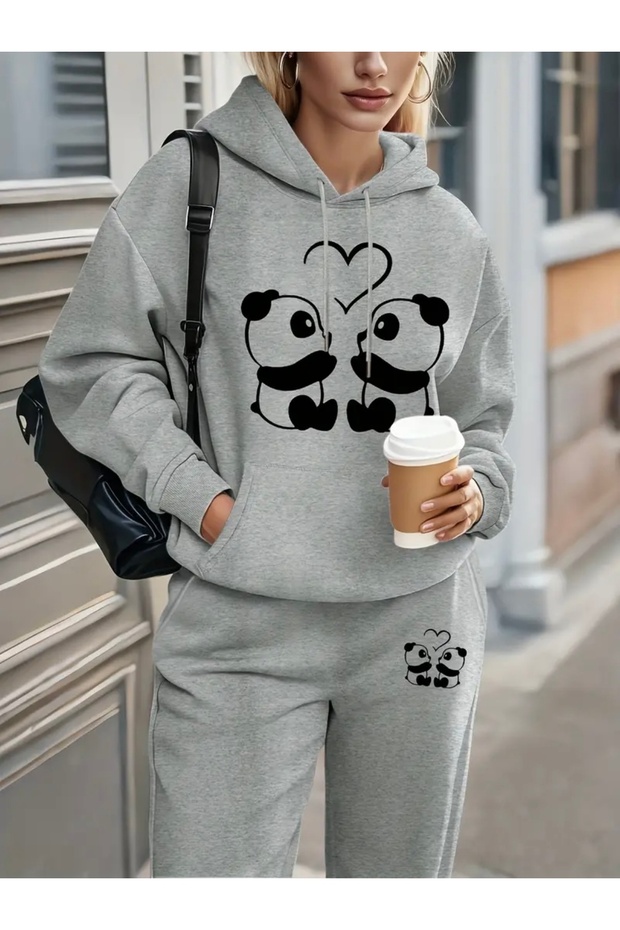 Panda Heart Printed Unisex Women/Men Hooded Oversize Bottom/Upper Tracksuit Set