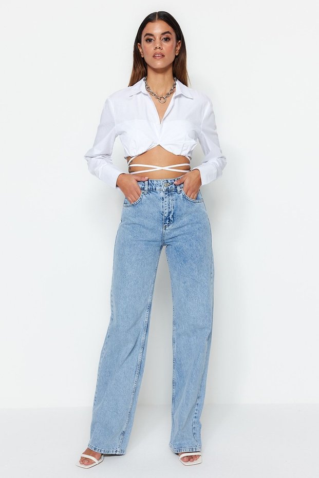 Isabella Women's Blue Snow Wash Lycra High Waist Loose Leg Loose Jeans