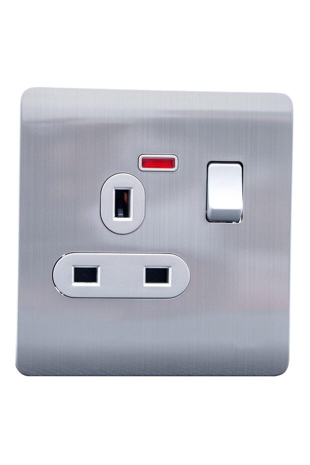 Modern Brushed Steel Single Wall Socket with Switch, 13A, LED Indicator