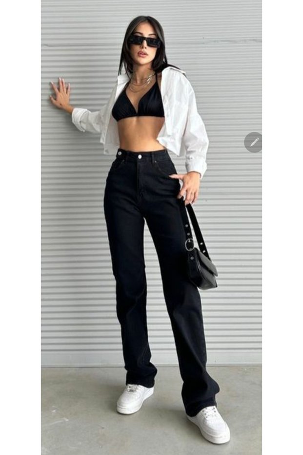 Black Lycra Super High Waist Wide Leg Palazzo Loose Jean Trousers (Full Fit)