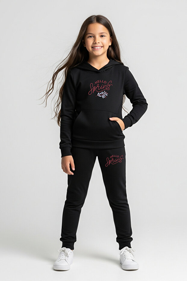 Hello Spring Printed Girl's Tracksuit with Hooded Kangaroo Pocket