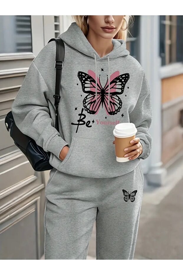 Be Yourself Butterfly Printed Unisex Women/Men Hooded Oversize Bottom/Upper Tracksuit Set