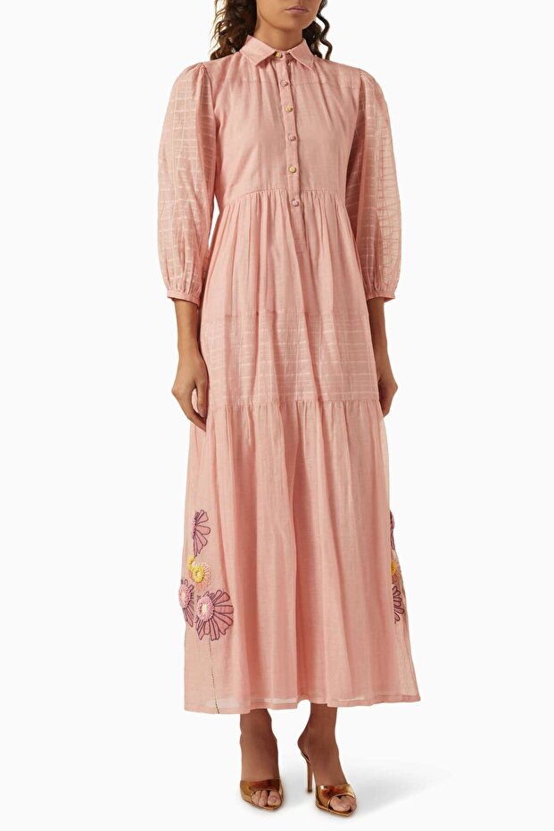 Romantic Elegans: Pink Dress with Floral Embroidery, Shirt Collar and Layered Skirt for Chic